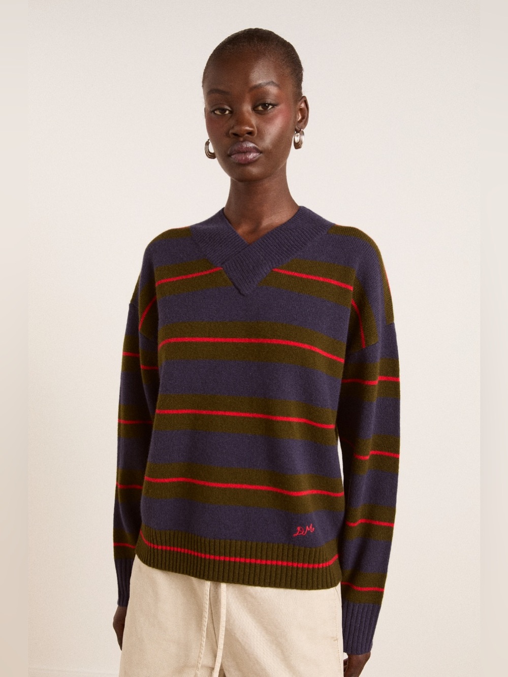 DAMSON MADDER Odette V-Neck Merino Wool Jumper-Olive/Navy Stripe